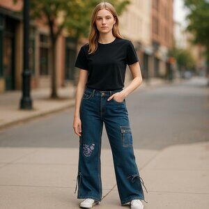Girls Explosion Flared Cargo Jeans With Embroidered Love Heart Pattern
